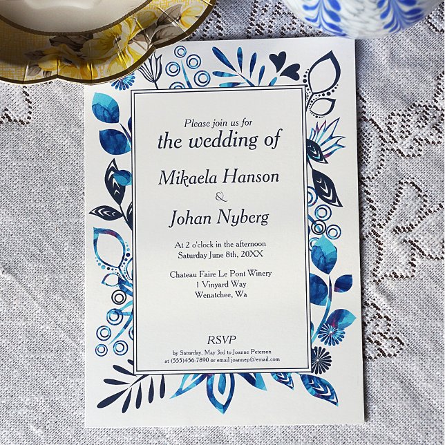 Scandinavian Winter Blue-Gray Floral Pattern Invitation (Crystal Blue and Blue Gray Floral Decorative Frame Wedding Invitation)