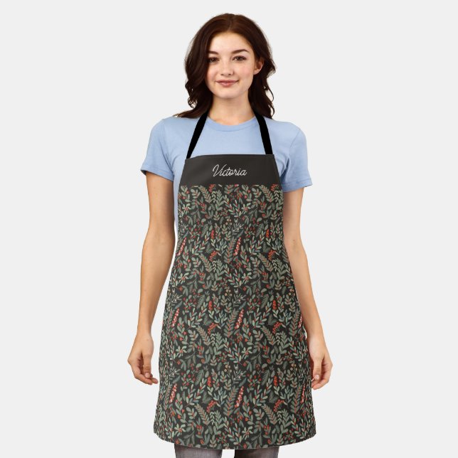 Scandinavian Winter Floral and Berry Holiday  Apron (Worn)