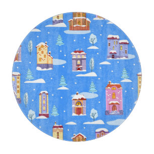 Scandinavian Winter Houses Snow Pattern Cutting Board