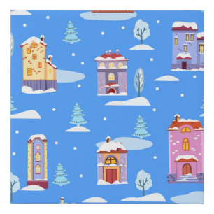 Scandinavian Winter Houses Snow Pattern Faux Canvas Print