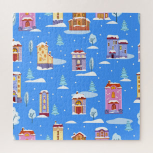 Scandinavian Winter Houses Snow Pattern Jigsaw Puzzle