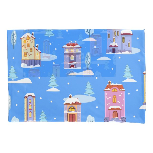 Scandinavian Winter Houses Snow Pattern Pillow Case (Front)