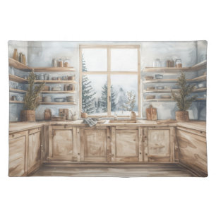 Scandinavian Winter Kitchen Watercolor with Snowy Cloth Placemat