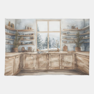 Scandinavian Winter Kitchen Watercolor with Snowy  Towel