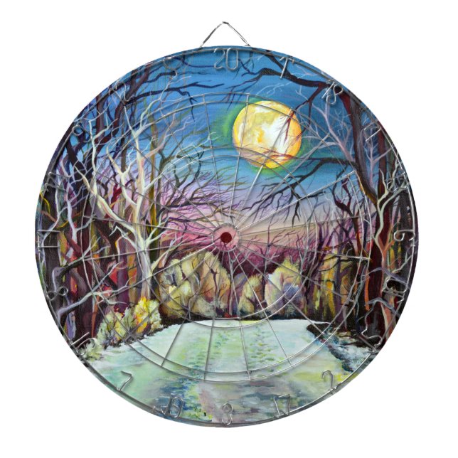 Scandinavian  Winter Night Full Moon in Sweden Dartboard With Darts (Front)