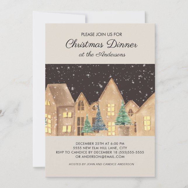Scandinavian Winter Snow Village Christmas Dinner Invitation (Front)