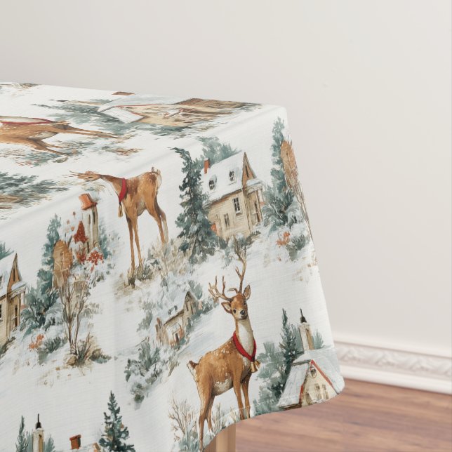 Scandinavian Winter Village Reindeers Toile Tablecloth (In Situ)