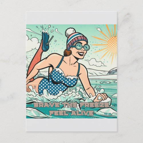 Scandinavian woman ice swimming in arctic weather postcard