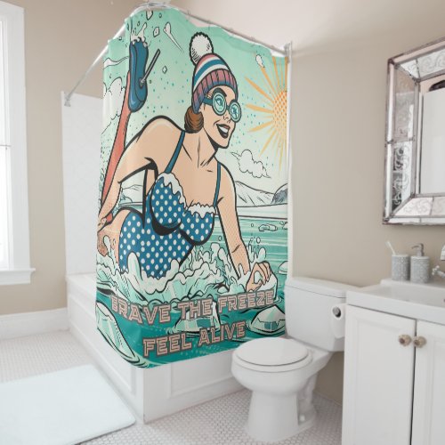 Scandinavian woman ice swimming in arctic weather shower curtain