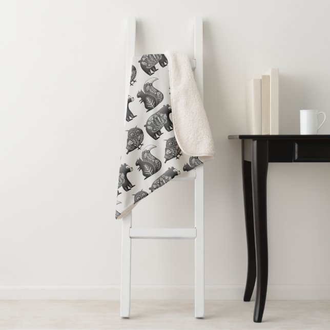 Scandinavian Woodland Animal Art Grey Pattern Sherpa Blanket (In Situ)
