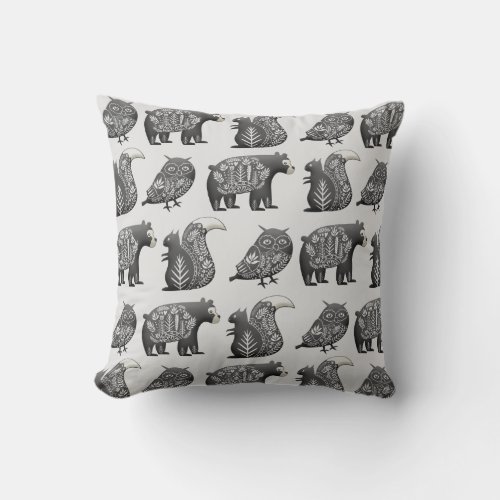 Scandinavian Woodland Animal Art Grey Pattern Throw Pillow