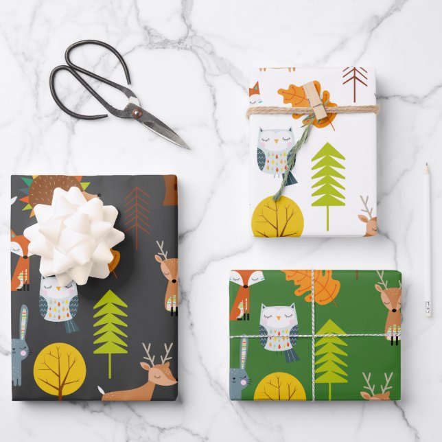 Scandinavian Woodland Animals Christmas Wrapping Paper Sheets (Front)