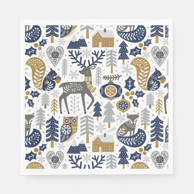 Scandinavian Woodland Animals Snowflakes Christmas Napkins (Front)