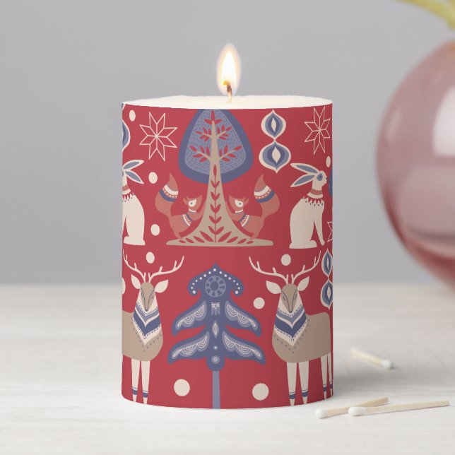 Scandinavian Woodland Pattern Christmas Pillar Candle (In Situ)