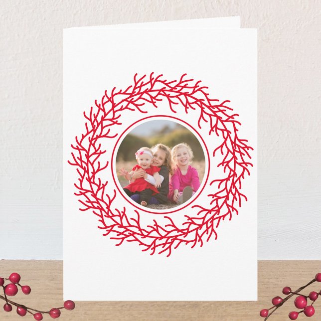 Scandinavian Wreath Photo Red and White Christmas Card (Scandinavian wreath personalized photo red and white Christmas or Holiday card)