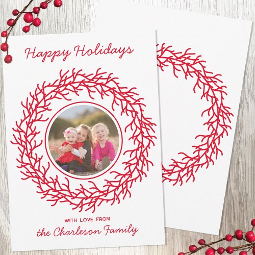 Scandinavian Wreath Photo Red and White Holiday Card