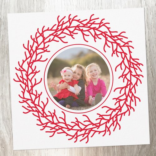 Scandinavian Wreath Photo Red and White Holiday Card