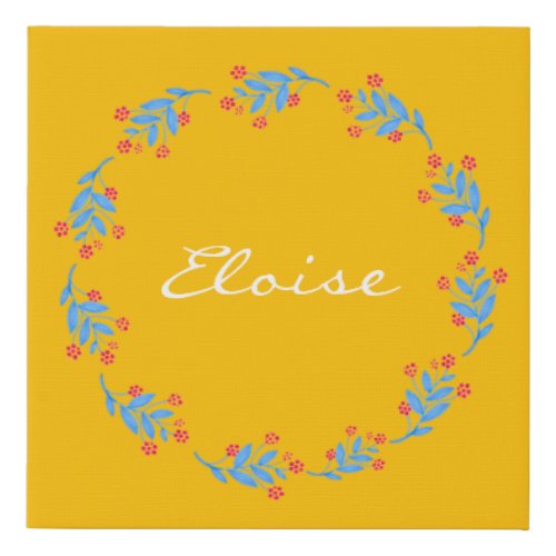 Scandinavian Yellow Folk Floral Wreath Custom Name Faux Canvas Print