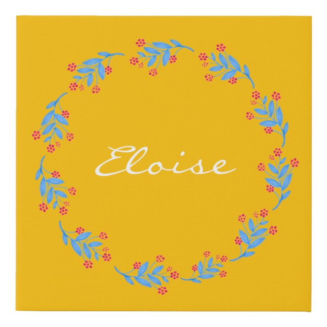 Scandinavian Yellow Folk Floral Wreath Custom Name Faux Canvas Print (Front)