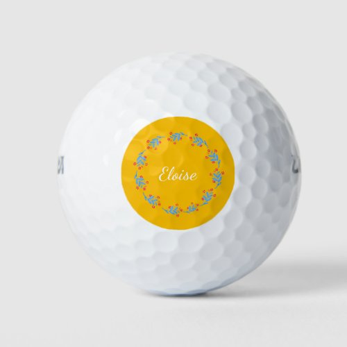 Scandinavian Yellow Folk Floral Wreath Custom Name Golf Balls