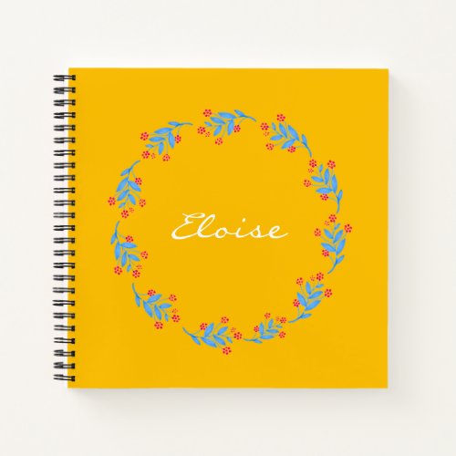 Scandinavian Yellow Folk Floral Wreath Custom Name Notebook