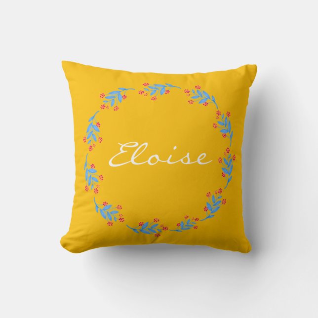 Scandinavian Yellow Folk Floral Wreath Custom Name Throw Pillow (Front)