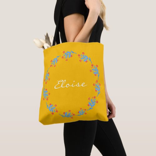 Scandinavian Yellow Folk Floral Wreath Custom Name Tote Bag