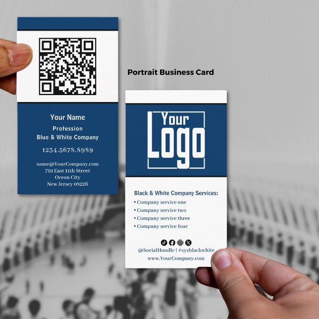 Scannable Black, Blue & White Portrait Business Card (Scannable Black, Blue & White Portrait Business Card with Logo & QRcode, Service List)