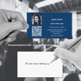 Scannable Photo QR Code Personal Message Blue Business Card