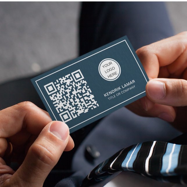 Scannable QR Code & Business Logo Navy Blue  Business Card (Creator Uploaded)