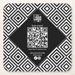 Scannable QR-code, CTA, www, Social Black & White Square Paper Coaster