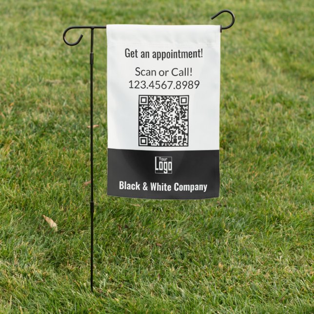 Scannable QR-code Custom Logo Black White Garden Flag (In SItu)