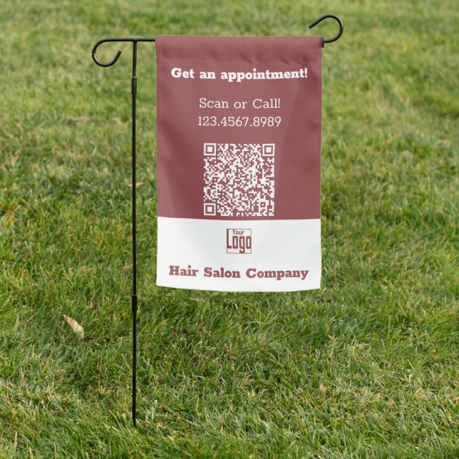 Scannable QR-code Custom Logo Burgundy White Garden Flag (In SItu)