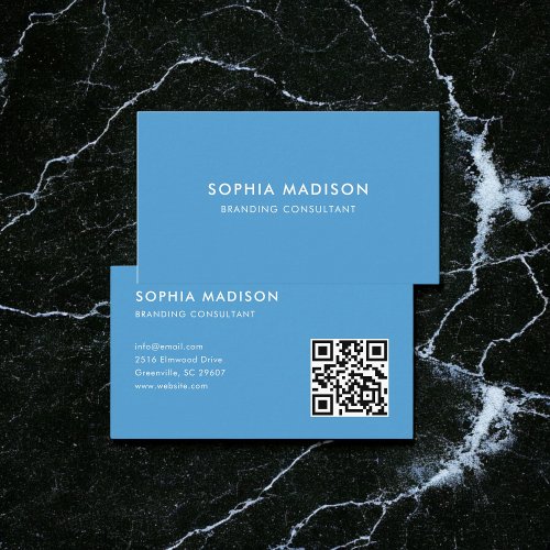 Scannable QR Code Minimalist Blue Business Card