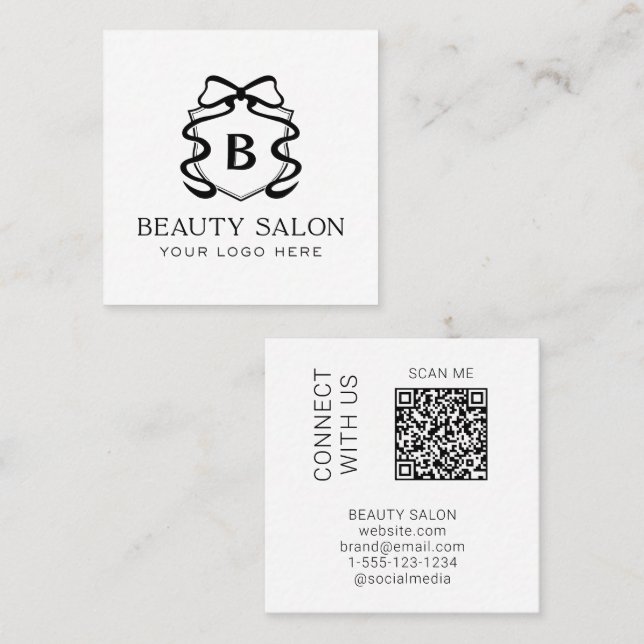 Scannable QR Code Modern Black and White Salon Square Business Card (Front/Back)