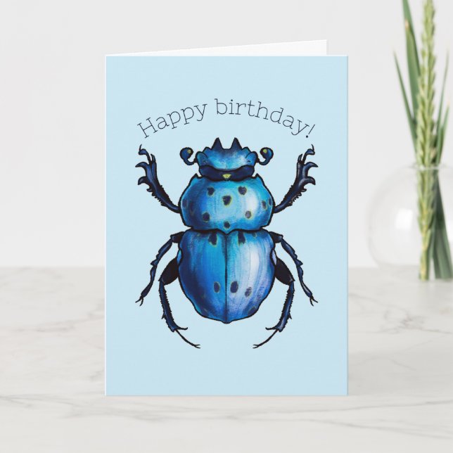 Scarab Beetle Art Blue Entomology Insect Birthday Card (Front)