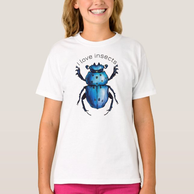 Scarab Beetle Art Blue Entomology Insect Love T-Shirt (Front)