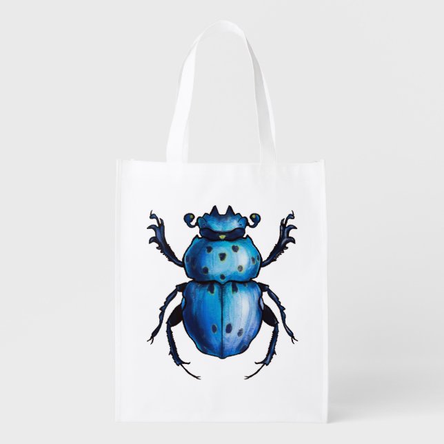 Scarab Beetle Art Blue Insect Entomology Grocery Bag (Front)