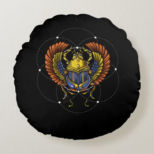 Scarab Beetle Egyptian Symbol Sacred Geometry Round Pillow (Front)
