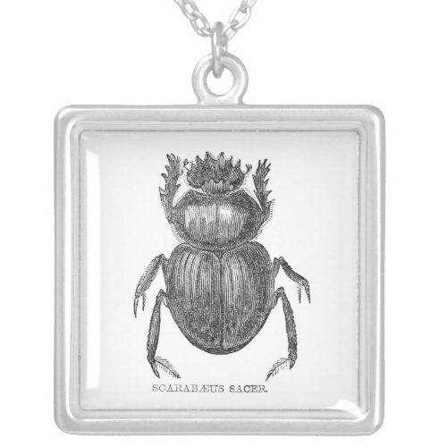 Scarab Beetle Vintage pen and ink drawing Silver Plated Necklace