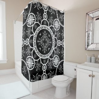 Scarab tile line pattern with black Background Shower Curtain