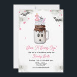 Scare One 1st Birthday Pink Ghost Milkshake Invitation<br><div class="desc">Scare One 1st birthday party theme featuring watercolor illustration of a halloween themed mason jar ghost milkshake topped with pink sprinkles,  bat,  and "1" candle topper with pink straw.  Border features gray watercolor designs,  pink confetti,  and bats.</div>