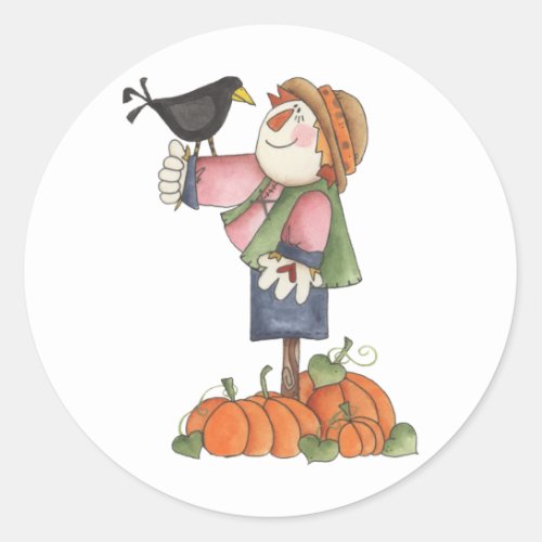 Scarecrow and crow classic round sticker