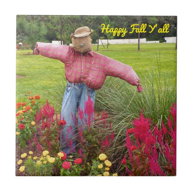 Scarecrow and fall flowers at Bok Tower Gardens FL Ceramic Tile (Front)