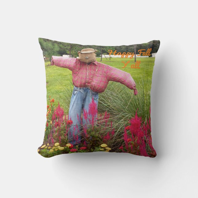 Scarecrow and fall flowers at Bok Tower Gardens FL Throw Pillow (Front)