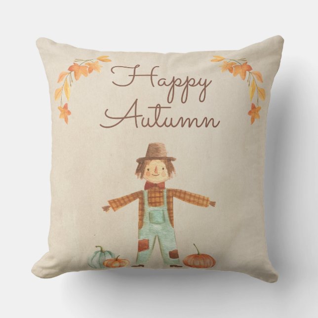 Scarecrow and Pumpkins Festive Fall Throw Pillow (Front)