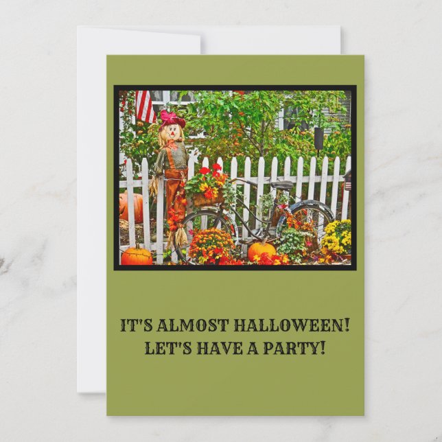 SCARECROW AT WHITE PICKET FENCE AND PUMPKINS INVITATION (Front)