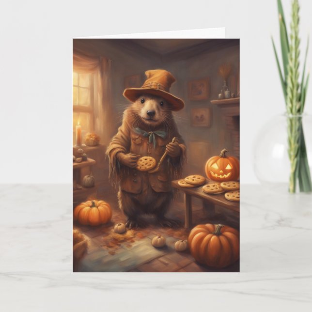 Scarecrow Beaver Baking Cookies Halloween Card (Front)