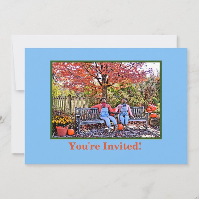 SCARECROW BUDDIES SITTING ON BENCH HALLOWEEN INVITATION (Front)