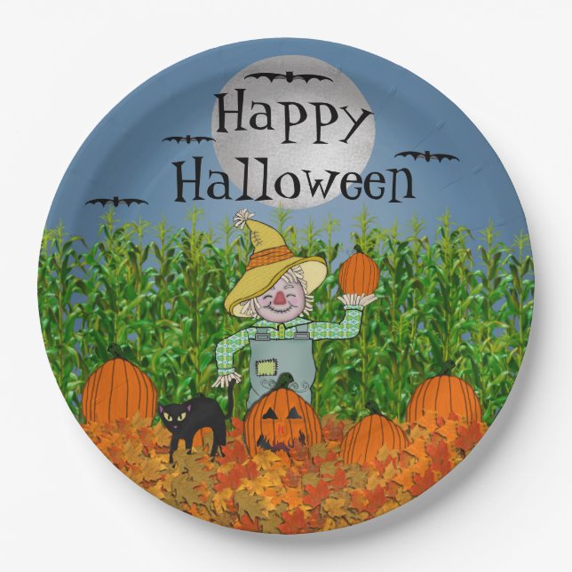 Scarecrow Happy Halloween Paper Plates (Front)